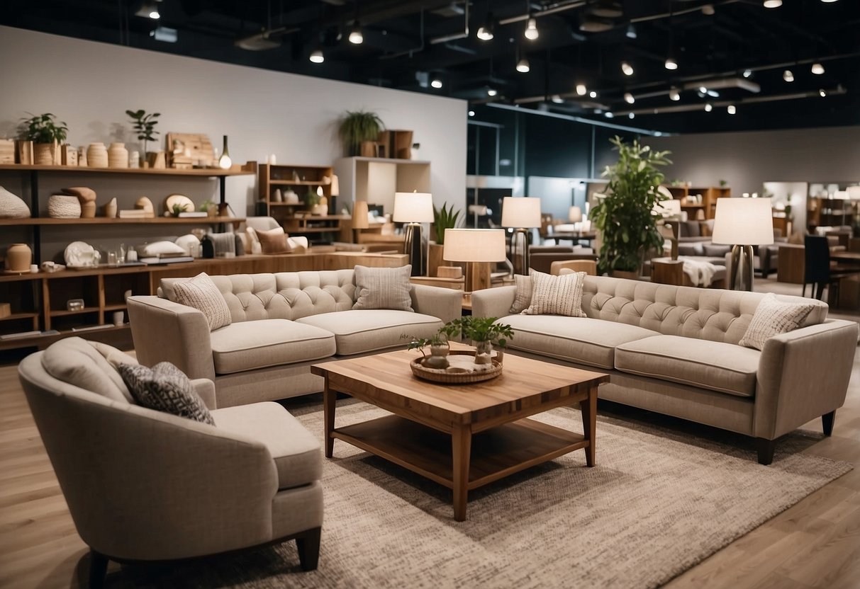 A home furniture shop with various display areas showcasing sofas, tables, and chairs. Bright lighting and clean, organized shelves create an inviting atmosphere