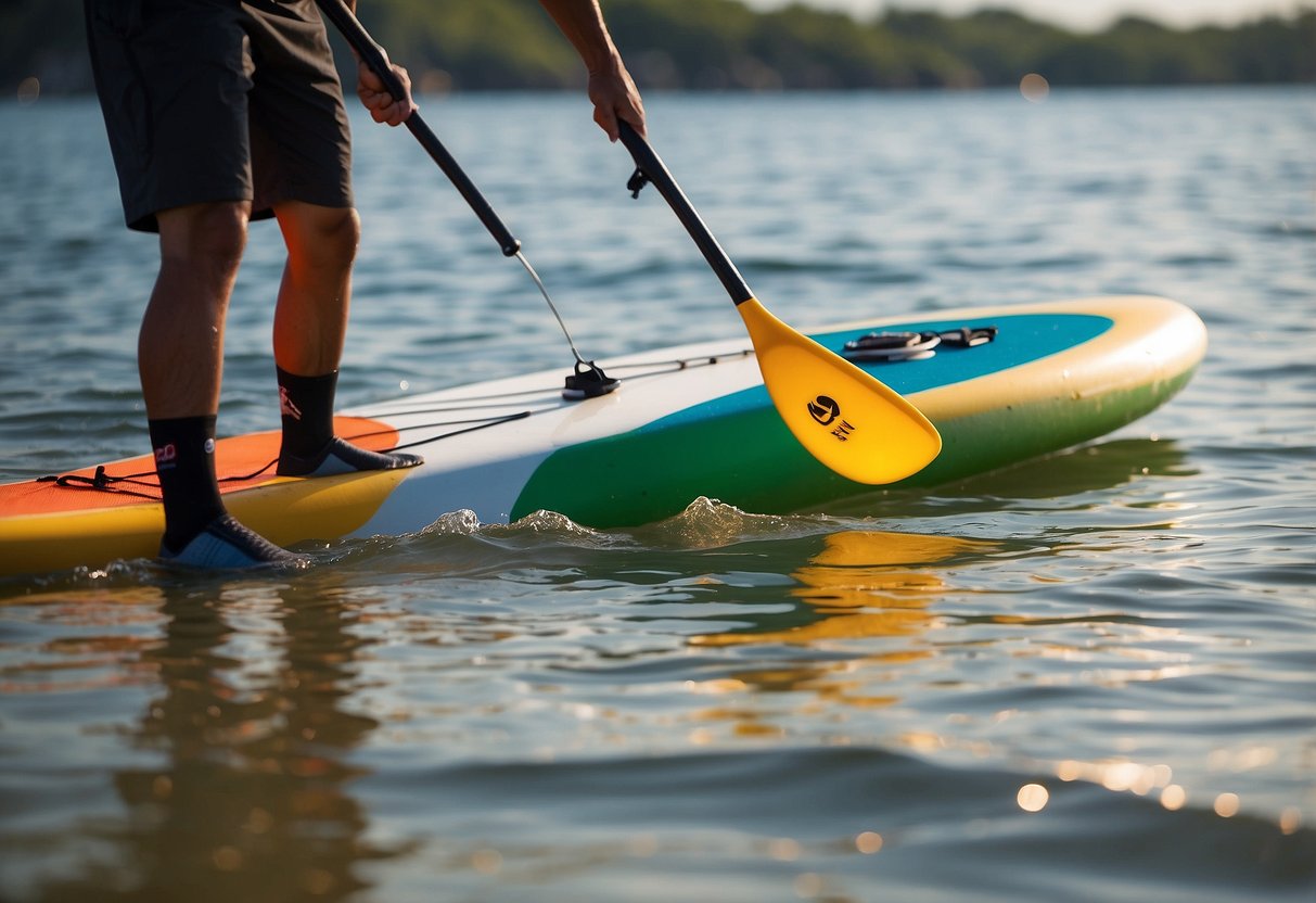 A paddleboarder cleans their gear on the shore, ensuring no debris enters the water