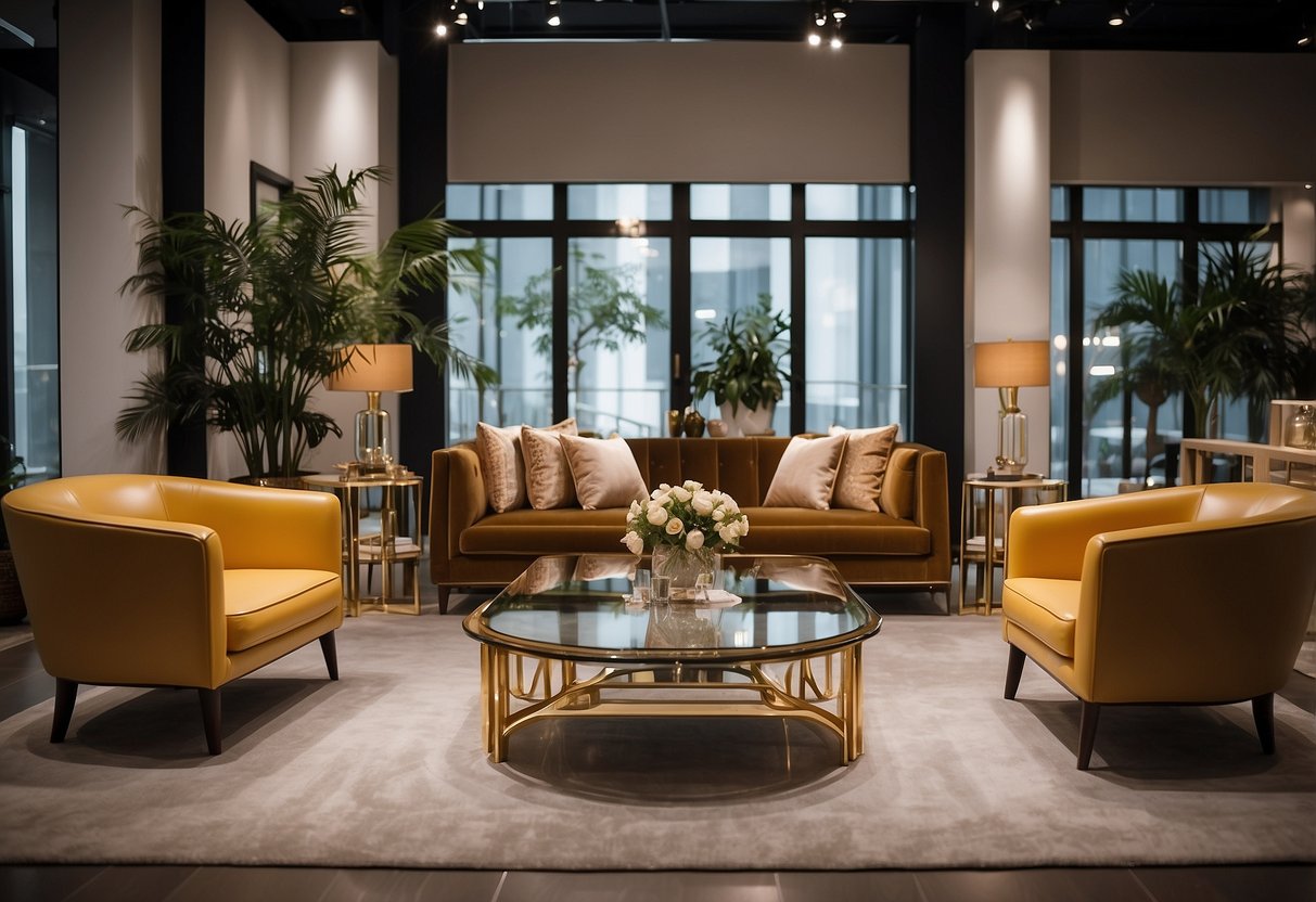 A sleek, modern showroom filled with luxurious designer furniture for sale. Soft lighting highlights the elegant lines and exquisite craftsmanship of each piece