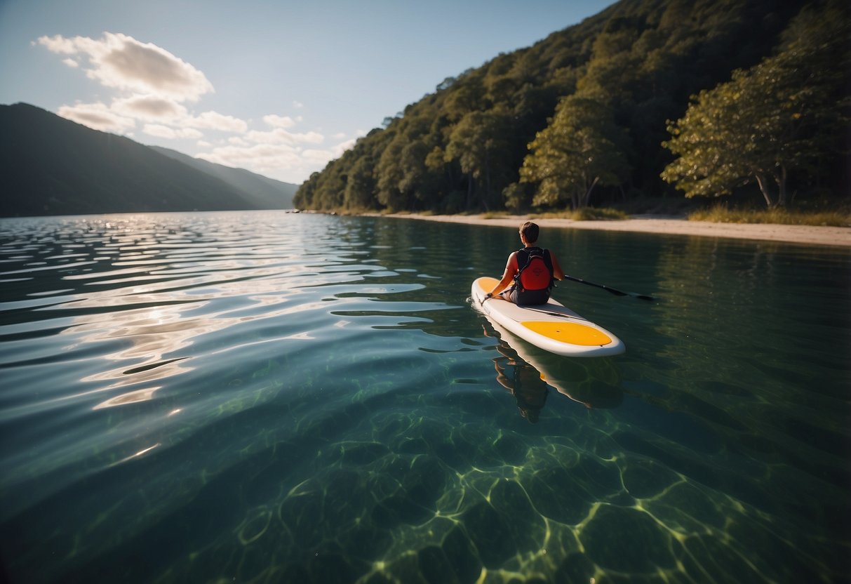 A paddleboard follows a marked path on the water, leaving no trace behind