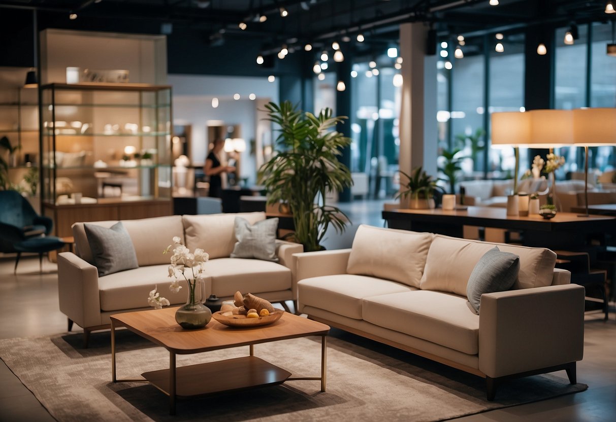 Customers browsing modern furniture in Singapore shops. Brightly lit displays showcase sleek sofas and elegant dining sets