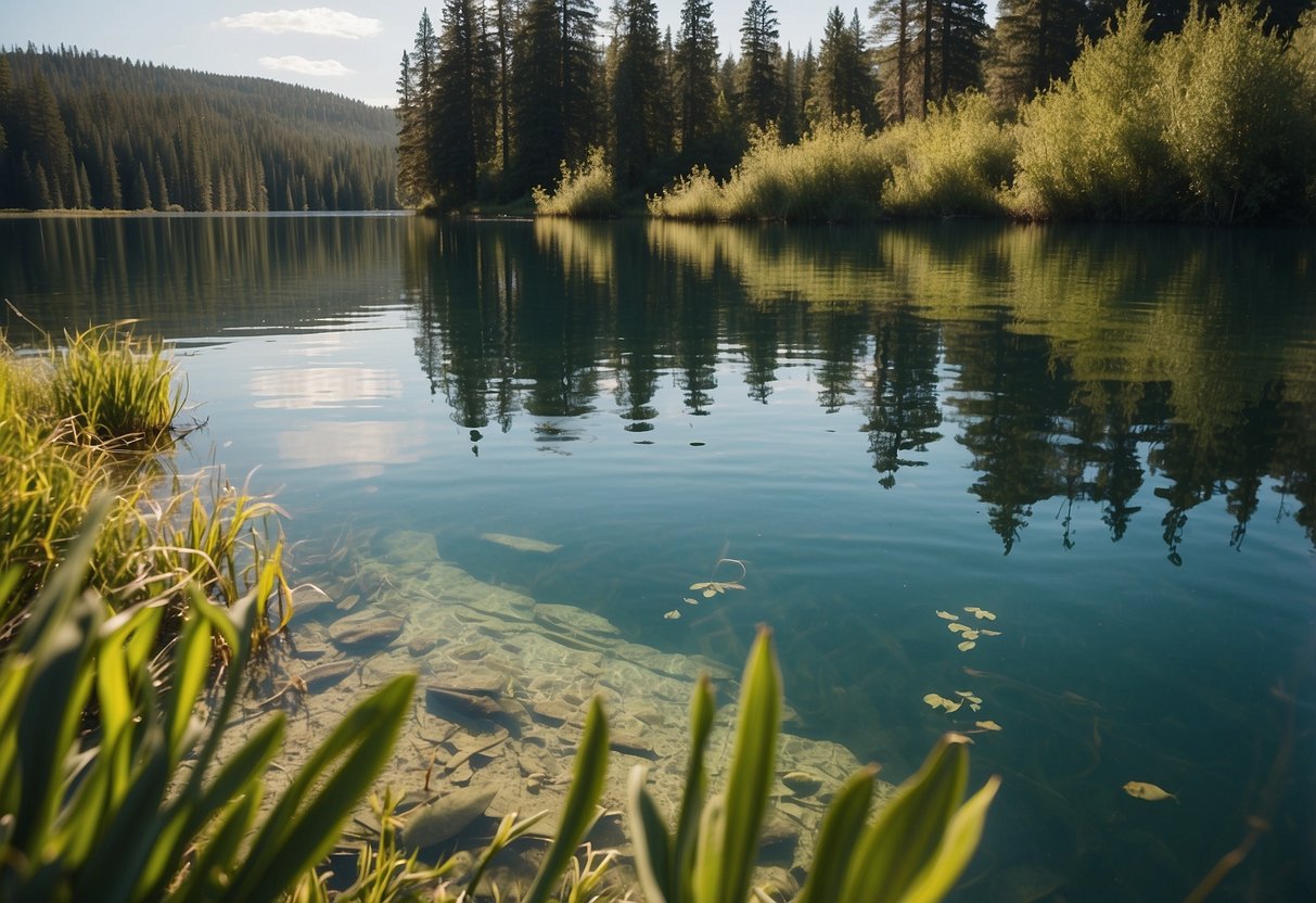 Crystal-clear lake with vibrant aquatic plants undisturbed by paddleboarders. A serene scene with no trace of human impact