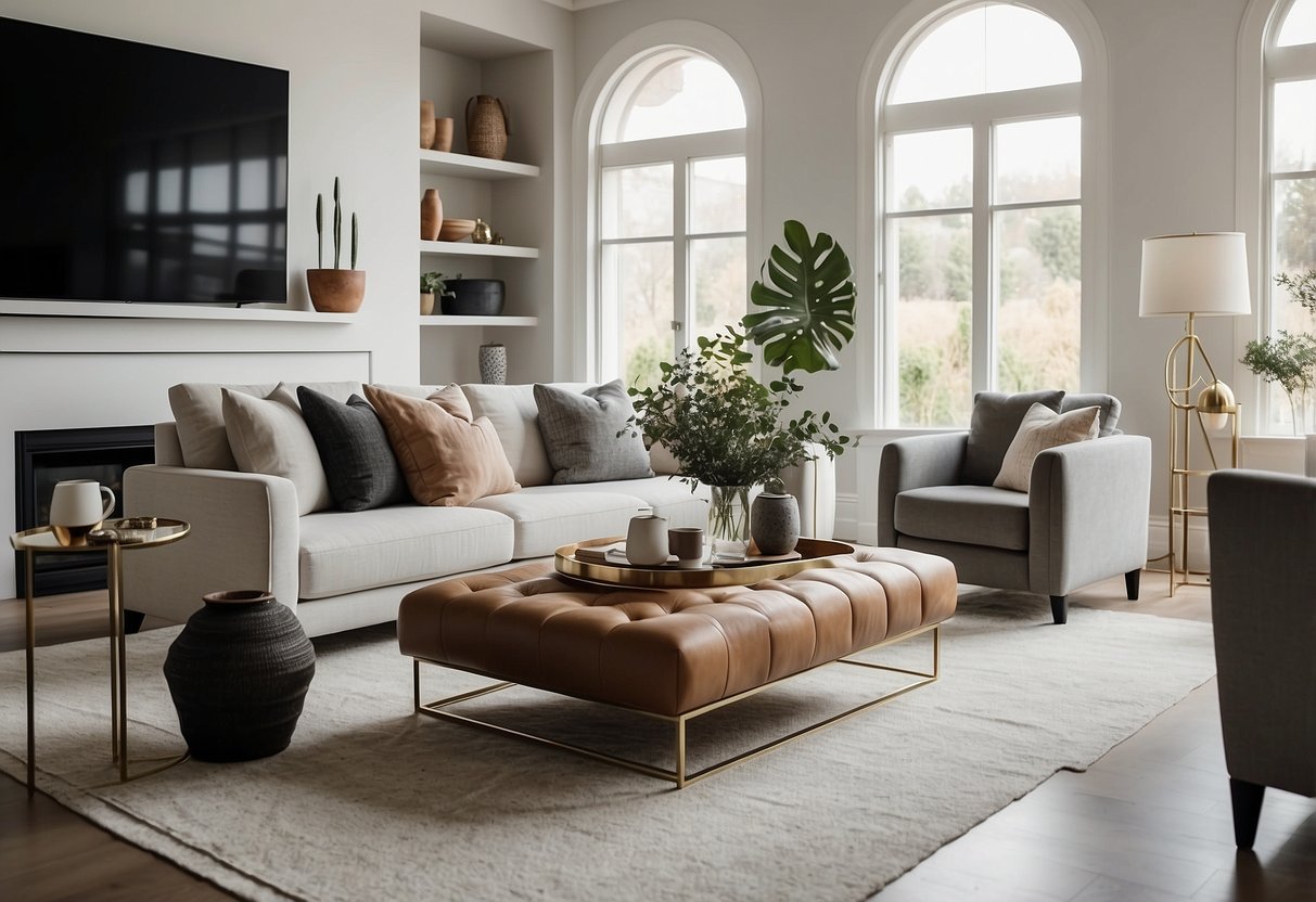 A sleek, modern living room with a minimalist sofa, a designer coffee table, and a statement armchair. The room is filled with natural light and adorned with carefully curated decor pieces