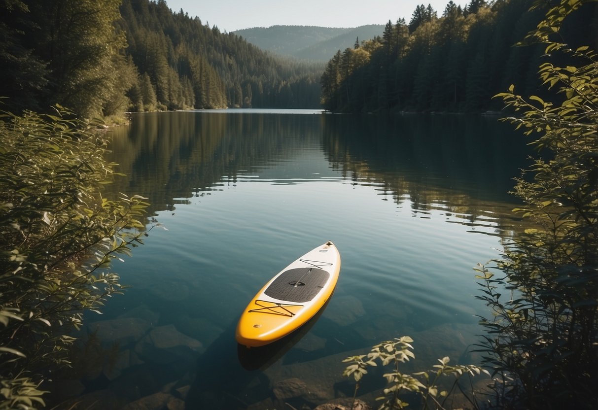 A serene lake with a paddleboard floating peacefully, surrounded by untouched nature. No noise pollution, just the sound of water and wildlife