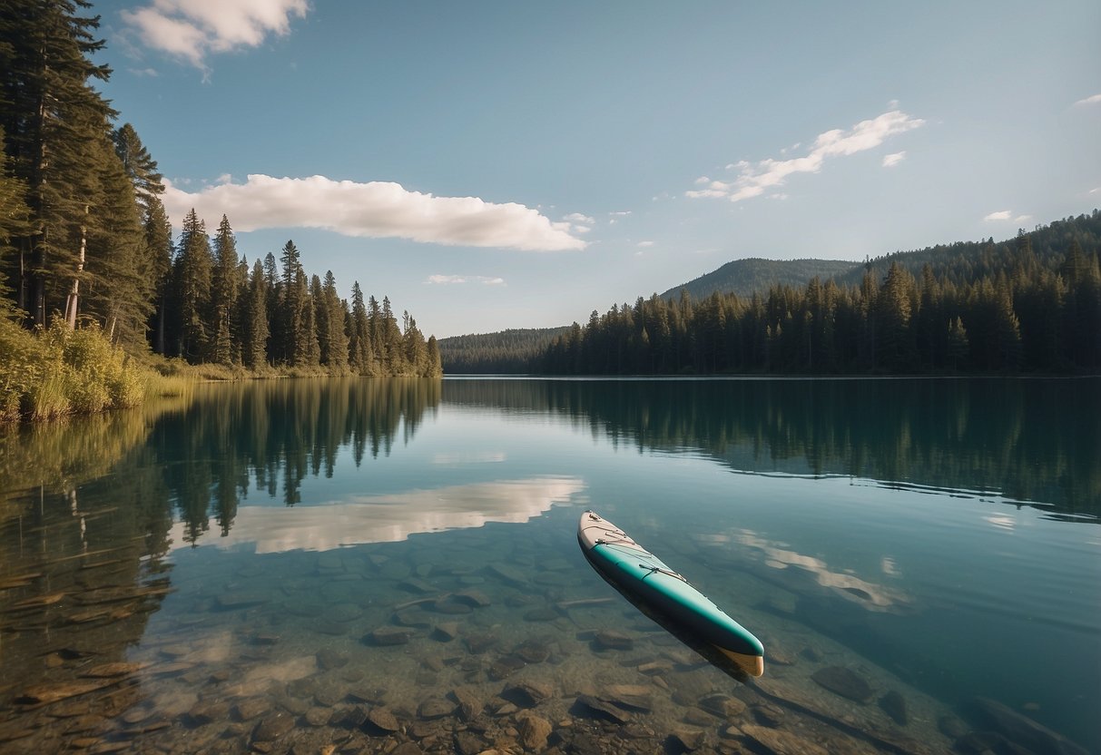 A serene lake with a paddleboard floating peacefully, surrounded by untouched nature. No litter or traces of human presence are visible, emphasizing the principles of Leave No Trace