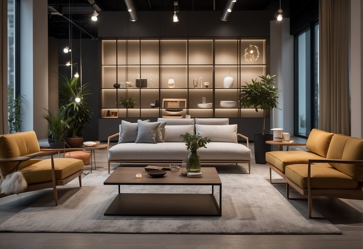 A modern, minimalist furniture shop with sleek shelves, elegant displays, and a clean, open layout. Bright lighting highlights the stylish decor and inviting atmosphere