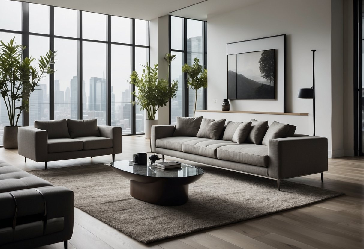 A modern living room with sleek designer furniture on display for sale. Clean lines, minimalistic design, and a variety of pieces showcased