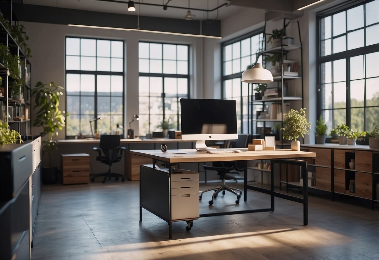 A sleek, modern workspace with a drafting table, computer, and shelves displaying beautifully crafted furniture pieces. Light streams in from large windows, illuminating the space