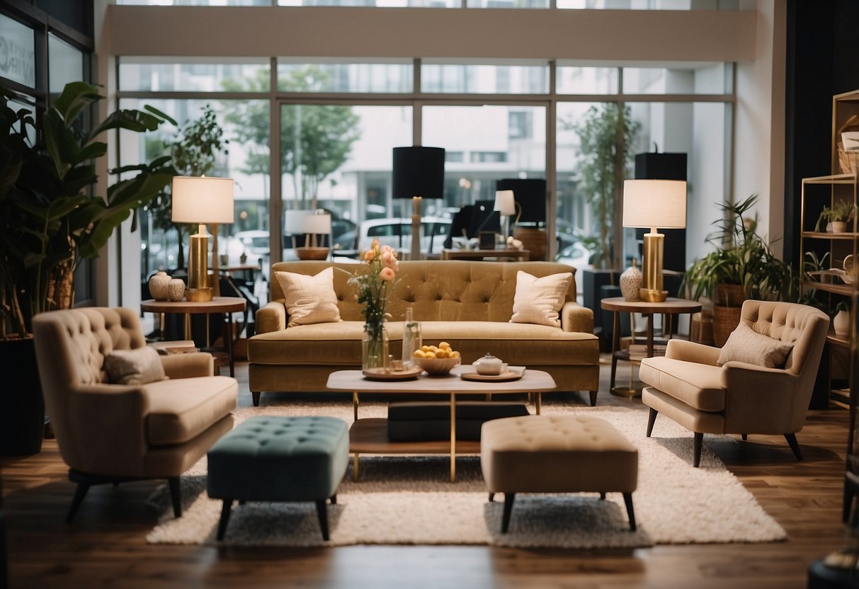 A cozy home furniture shop with friendly staff assisting customers and showcasing a variety of stylish and comfortable furniture pieces
