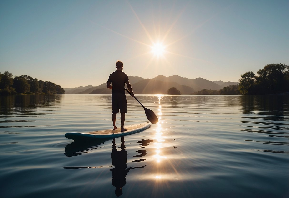 A paddleboard floats on calm, sun-drenched waters. The sun beats down, casting a warm glow on the shimmering surface. A clear blue sky stretches overhead, with no clouds in sight