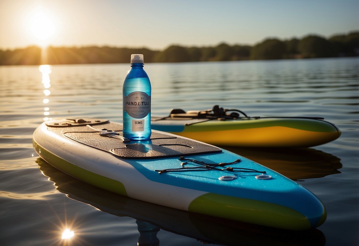 A paddleboard sits on calm, sun-drenched water. A water bottle and sunscreen lay nearby. The sun beats down on the scene, emphasizing the need to stay hydrated