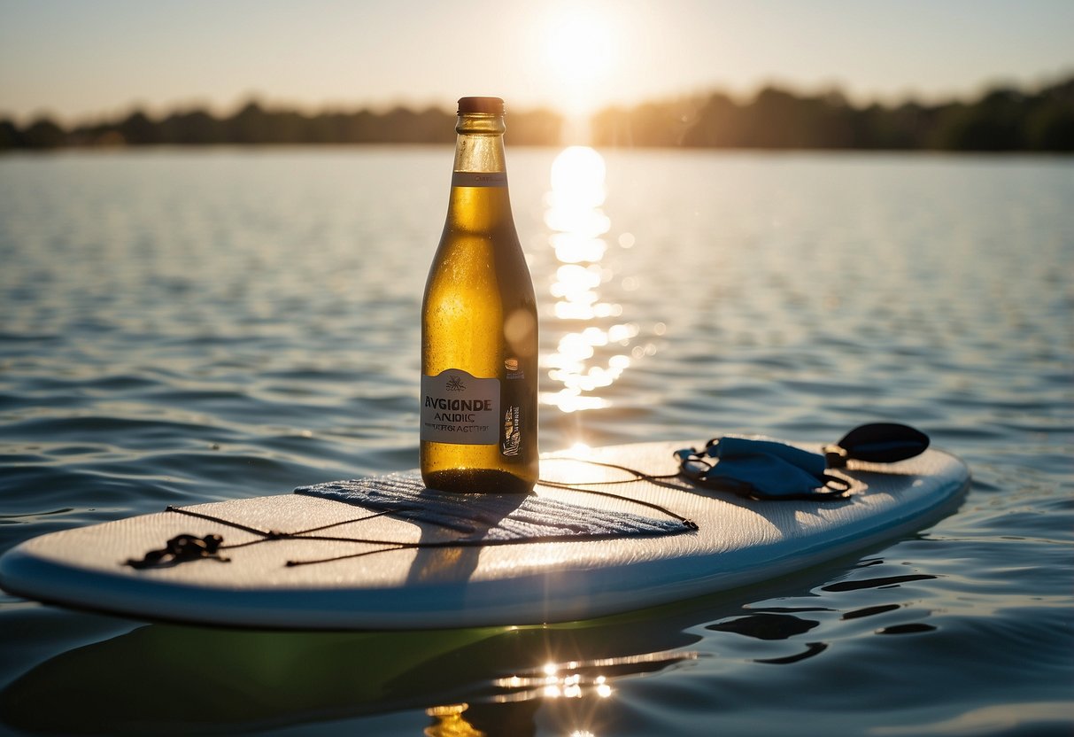 A paddleboard floats on calm, sun-drenched waters. The bright sun shines down, casting sparkling reflections on the surface. A sunscreen bottle sits nearby, reminding of the importance of protection