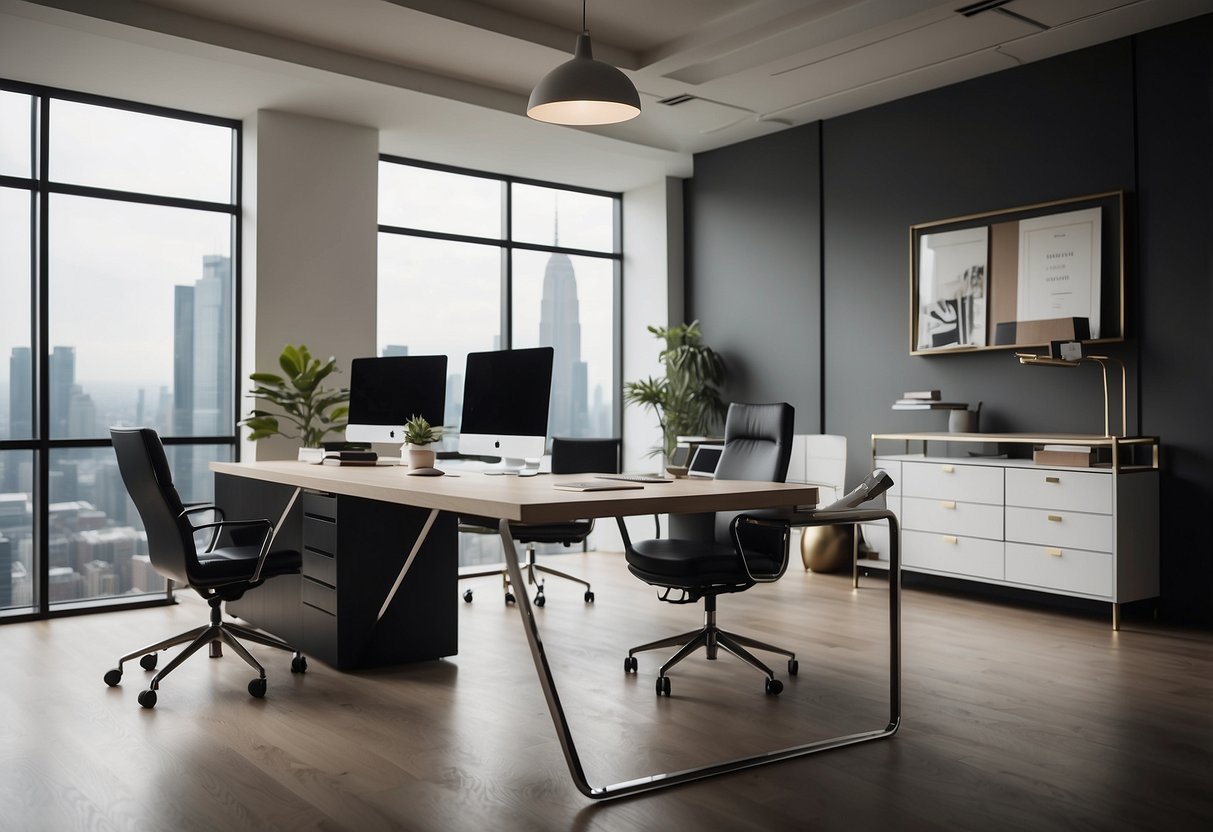 A sleek, modern workspace with a clean desk showcasing furniture designs and a portfolio filled with expertly crafted pieces
