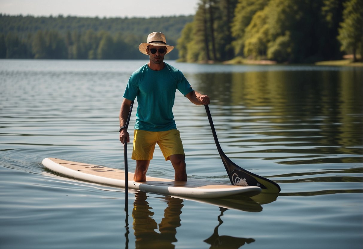 A paddleboarder wearing a wide-brimmed hat, sunglasses, rash guard, board shorts, and water shoes paddling on a calm, sunlit lake