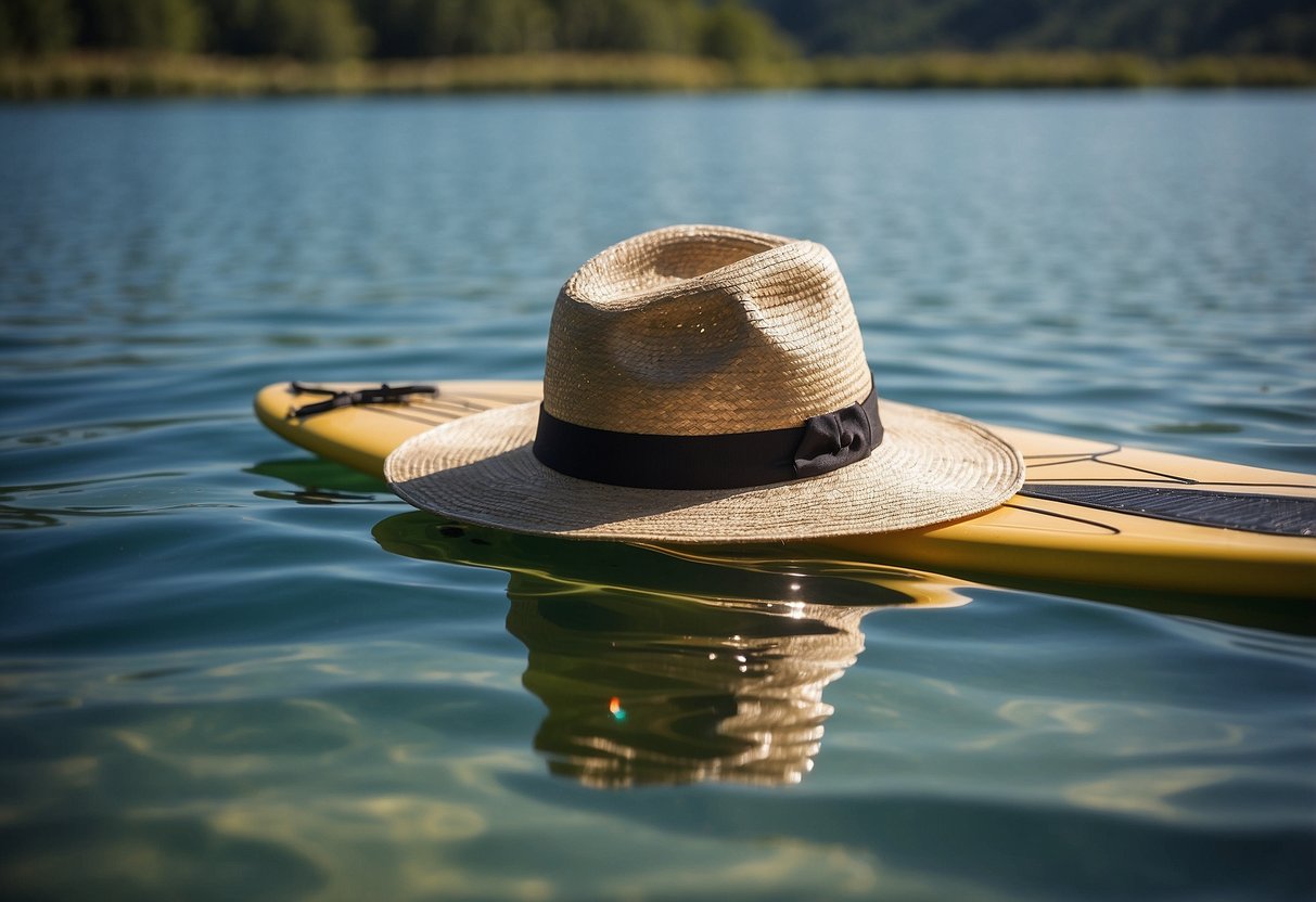 A paddleboard sits on a calm, sun-drenched lake. The sky is clear, and the water sparkles in the heat. A hat, sunscreen, and plenty of water are laid out nearby