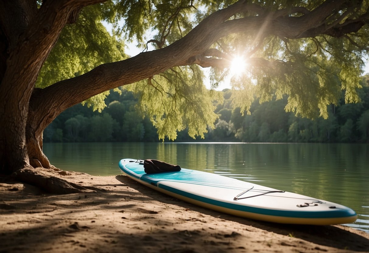 A paddleboard rests under a large tree, providing shade from the hot sun. The water is calm, with ripples reflecting the sunlight. The surrounding landscape is lush and green, creating a peaceful and serene atmosphere