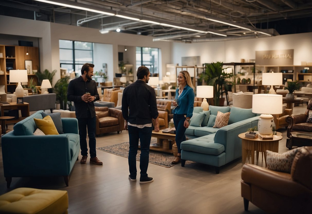The furniture shop is bustling with customers browsing through the neatly displayed items. A friendly salesperson assists a couple in choosing a sofa, while others explore the various sections of the store