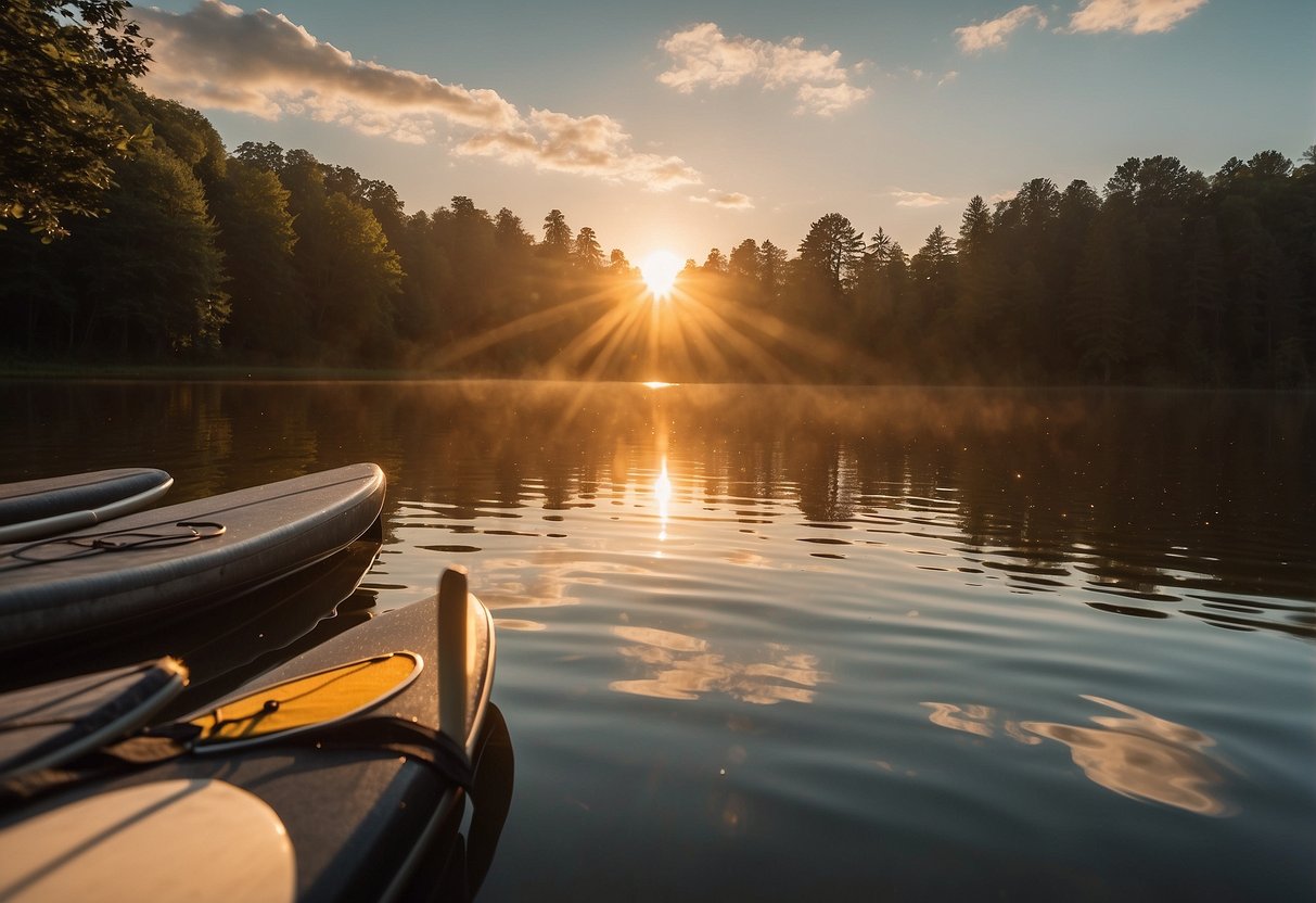 The sun rises over a tranquil lake, casting a warm glow on the calm water. Paddleboards sit at the water's edge, ready for a day of adventure in the hot morning sun