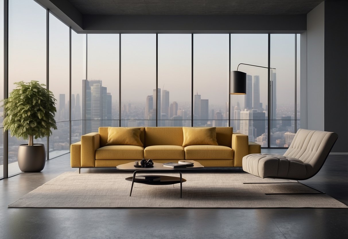 A sleek, modern furniture portfolio displayed on a clean, minimalistic background, with various pieces showcased in a professional and organized manner