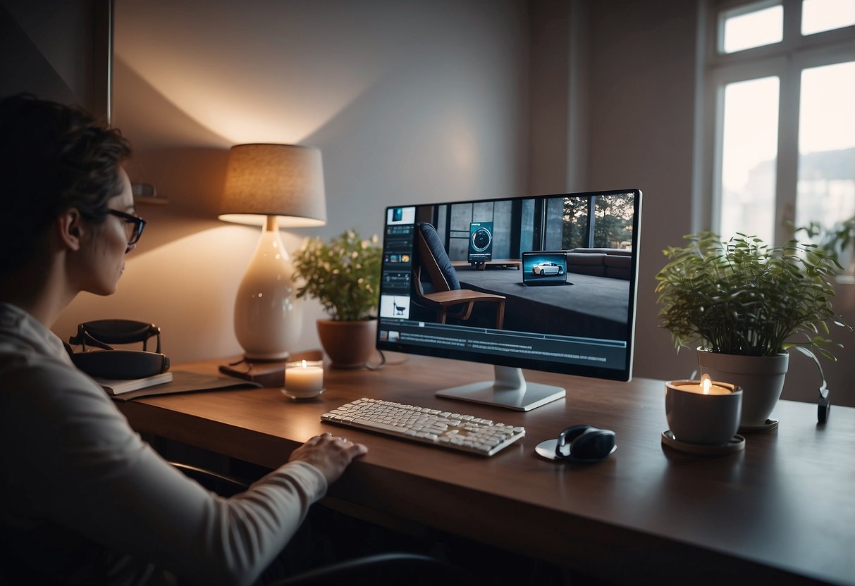 A room with a computer screen showing "Sweet Home 3D" and a person searching for furniture
