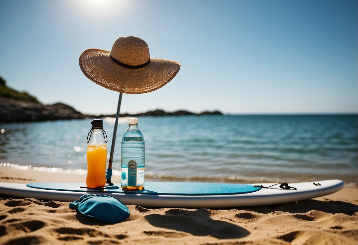 A sunny beach with calm waters, a paddleboard, a wide-brimmed hat, sunscreen, a water bottle, and a clear blue sky