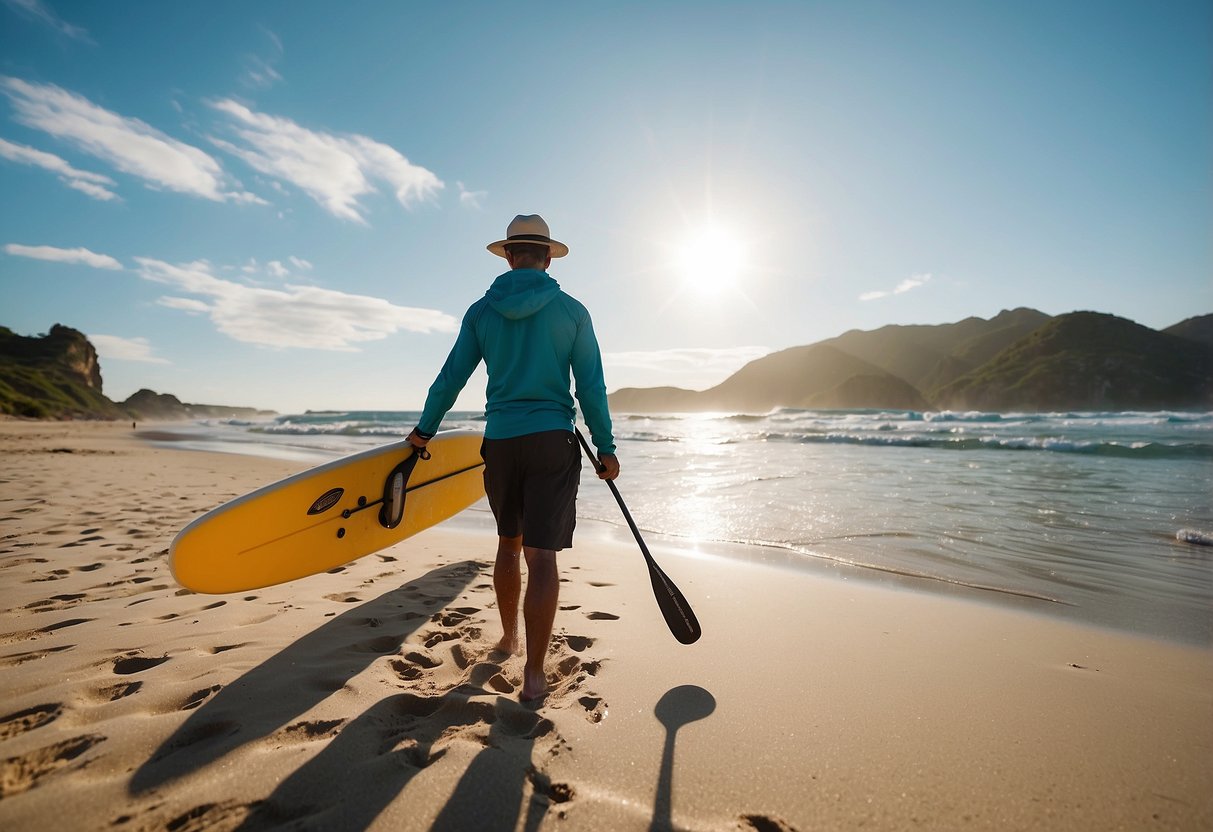 A paddleboarder stands on a sandy beach, surrounded by bright sunshine and clear blue water. They are carefully selecting their gear, including a wide-brimmed hat, sunscreen, and lightweight clothing