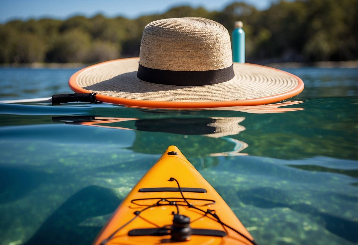 A paddleboard floats on calm water under a clear blue sky. Sunscreen and a wide-brimmed hat sit on the board, along with a water bottle and a life jacket