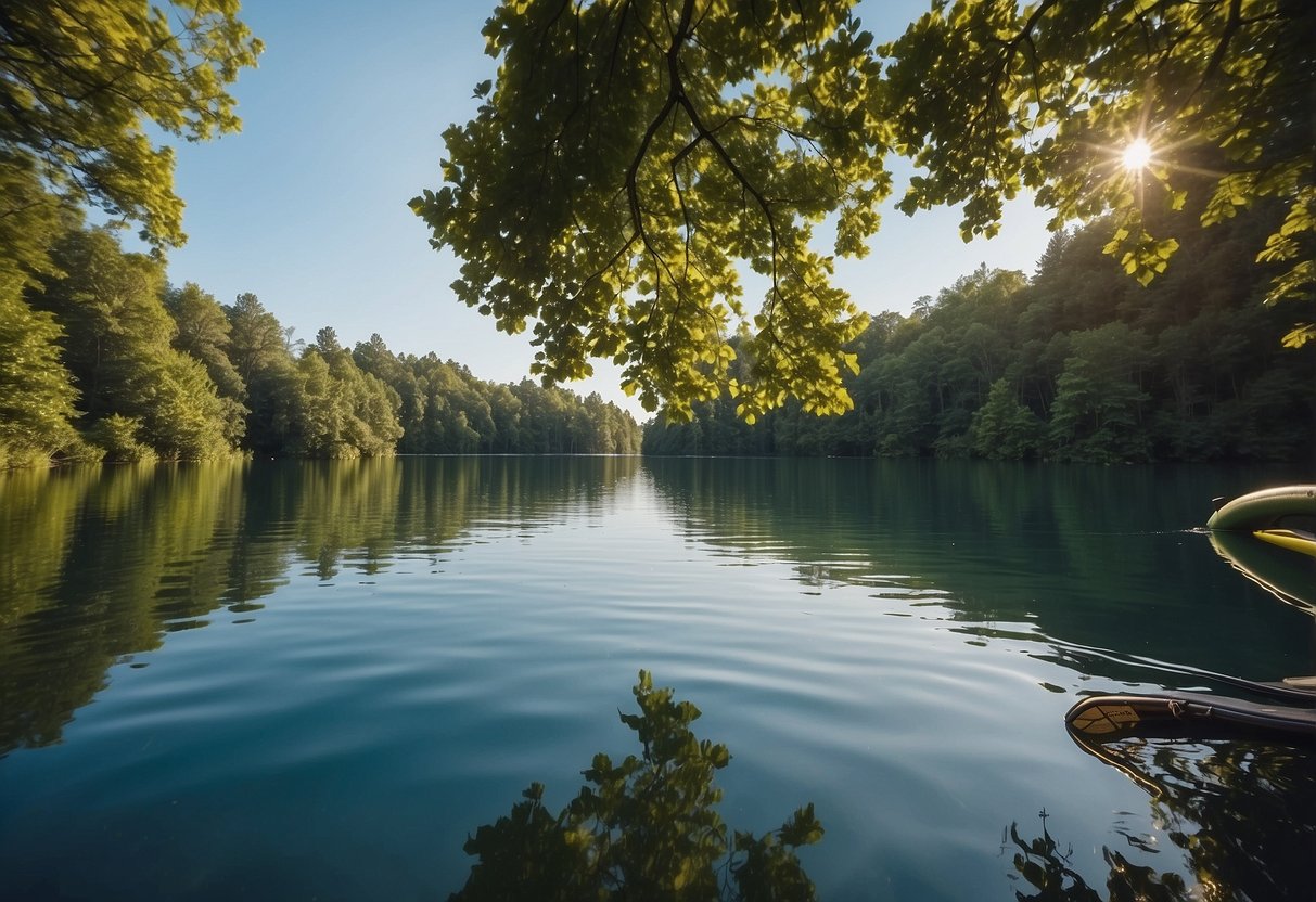 A serene lake with paddleboards floating on the water, surrounded by lush green trees and a clear blue sky above