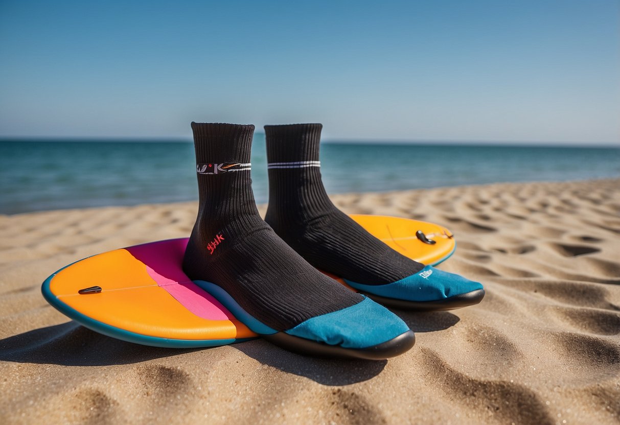 A pair of SealSkinz waterproof socks lying on a sandy beach with a paddleboard in the background, surrounded by calm water and a clear blue sky