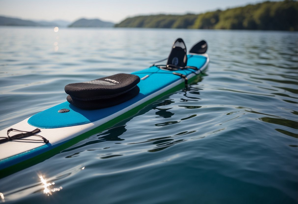 A pair of Bridgedale StormSock Heavyweight paddleboarding socks floating on calm, blue water with a paddleboard in the background