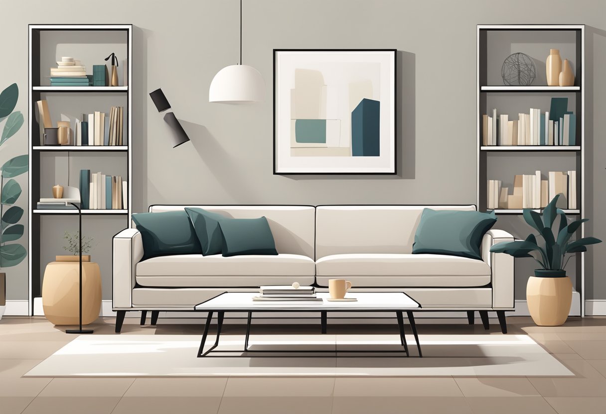 A modern, minimalist living room with a sleek sofa, coffee table, and bookshelf. Clean lines, neutral colors, and natural light create a serene atmosphere
