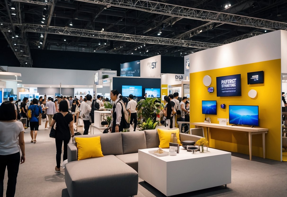 The bustling Singapore Expo Furniture Fair 2018, with colorful displays, modern designs, and eager visitors browsing the latest trends