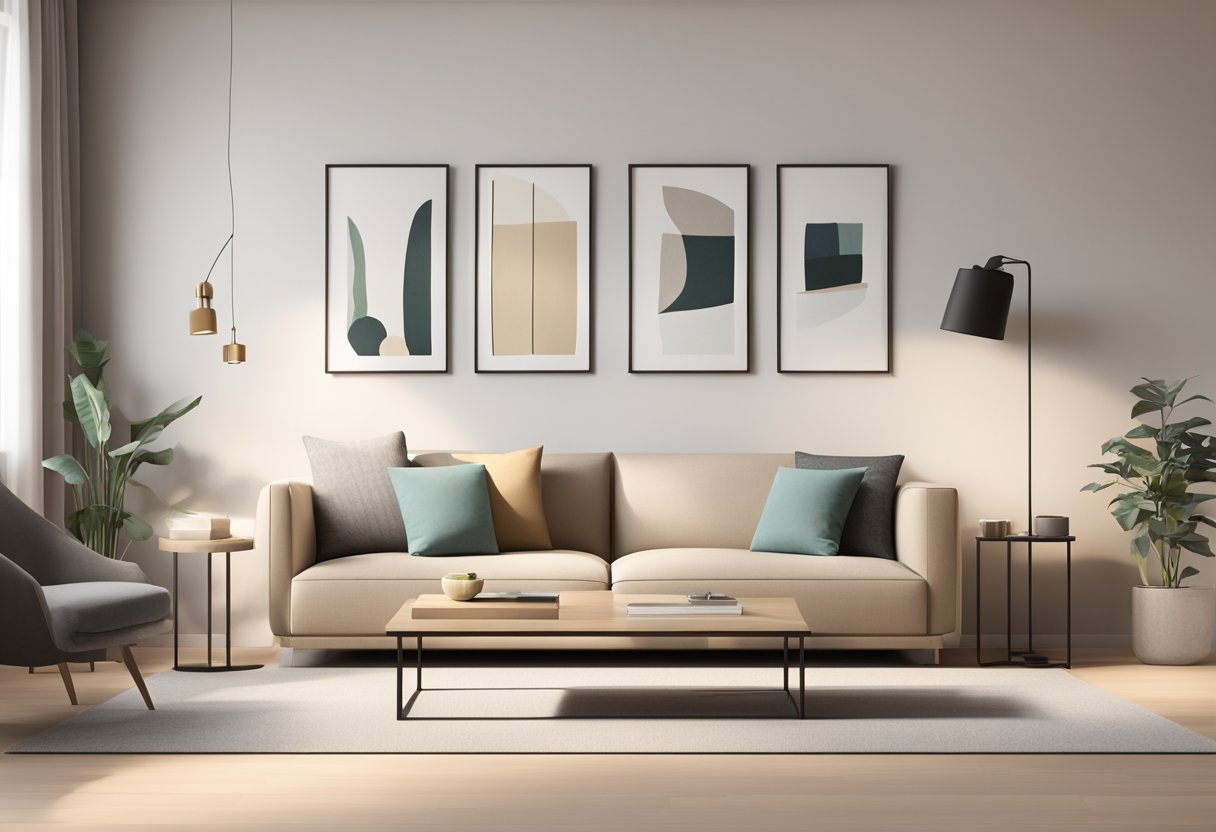 A room with a minimalist design, featuring a sleek, modern sofa, a simple coffee table, and a clean-lined bookshelf against a neutral-colored wall