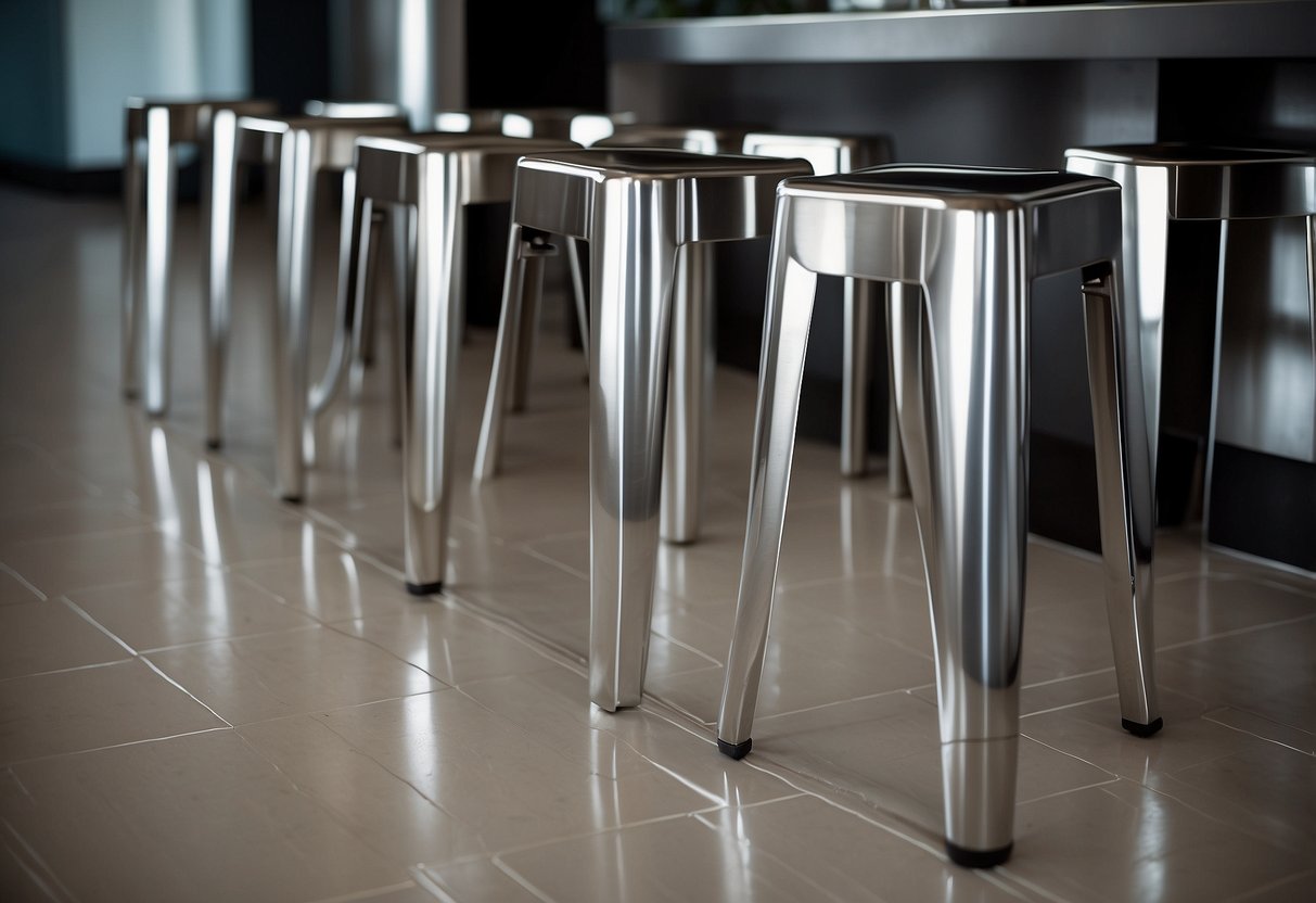 Shiny stainless steel furniture legs, angled and reflective, standing on a sleek tiled floor