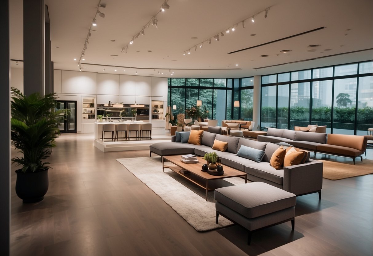 A bright, modern furniture showroom in Singapore with sleek, minimalist designs and a spacious layout. Displays of sofas, tables, and chairs are arranged in an inviting and stylish manner