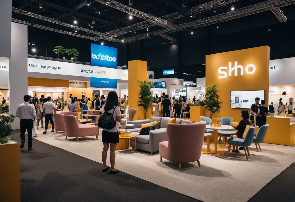 The bustling Singapore Expo Furniture Fair 2018 features vibrant displays of modern and traditional furniture, with attendees eagerly browsing and engaging with exhibitors
