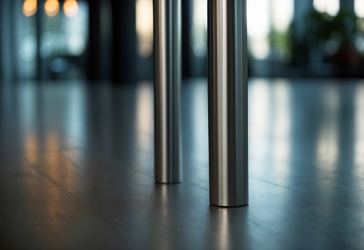 Stainless steel furniture legs stand tall and sleek, reflecting light in a modern interior setting