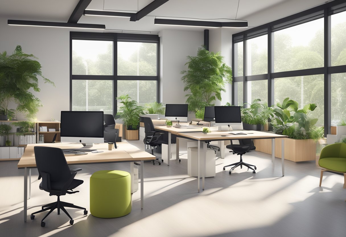 A modern office with ergonomic chairs, adjustable desks, and storage solutions. Bright, open space with natural light and greenery