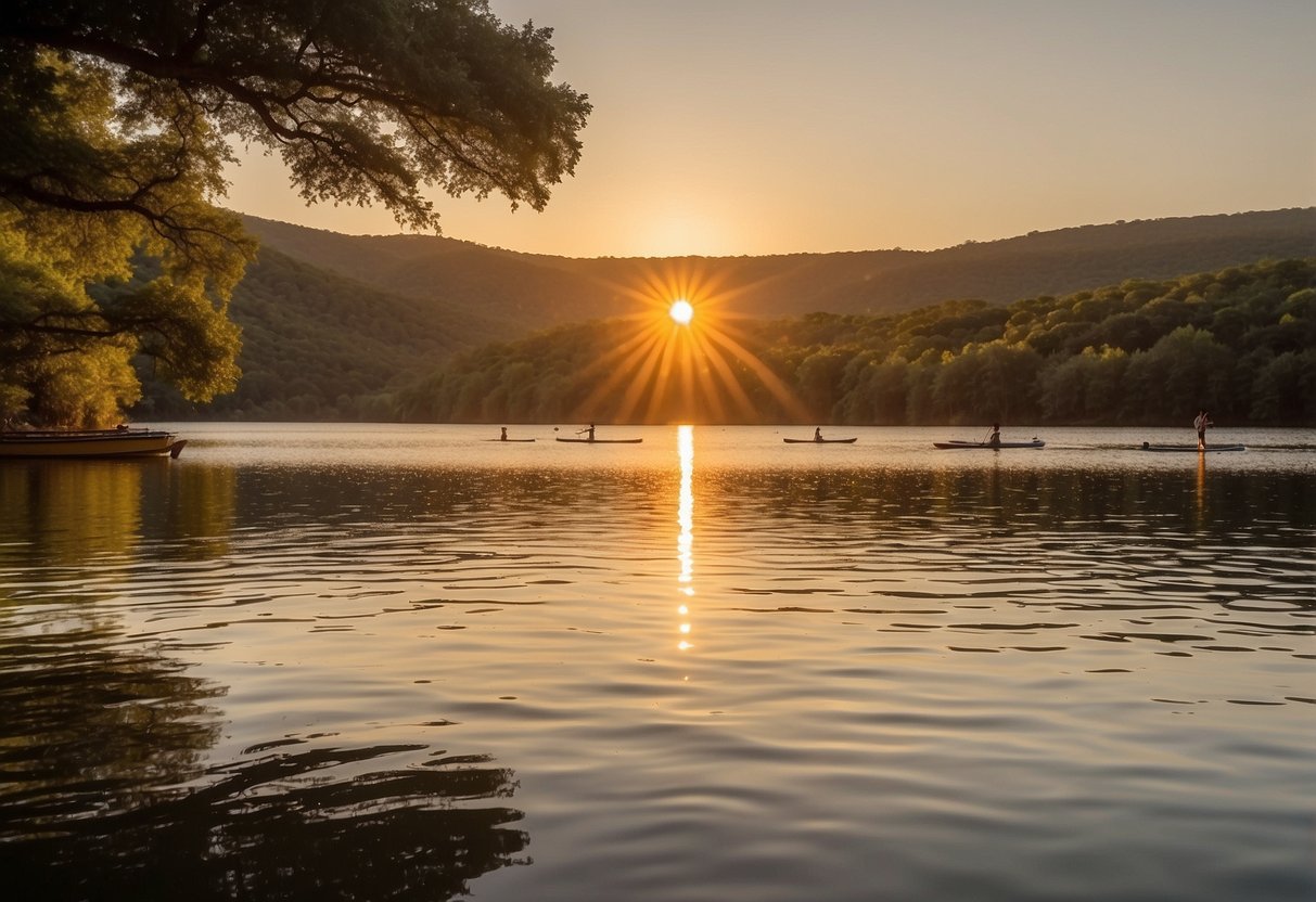 The sun sets over Lake Austin, casting a golden glow on the calm waters. Paddleboarders glide along the tranquil surface, surrounded by lush greenery and distant hills