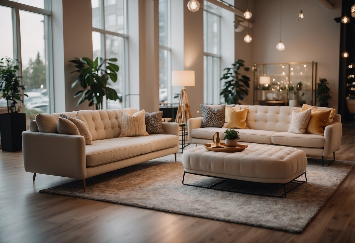 A spacious furniture showroom with modern and cozy home decor displays. Bright lighting illuminates the stylish sofas, tables, and rugs