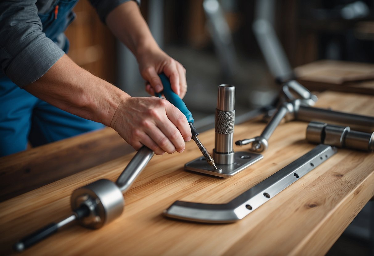 Stainless steel furniture legs being installed onto a wooden table, with a screwdriver and level nearby
