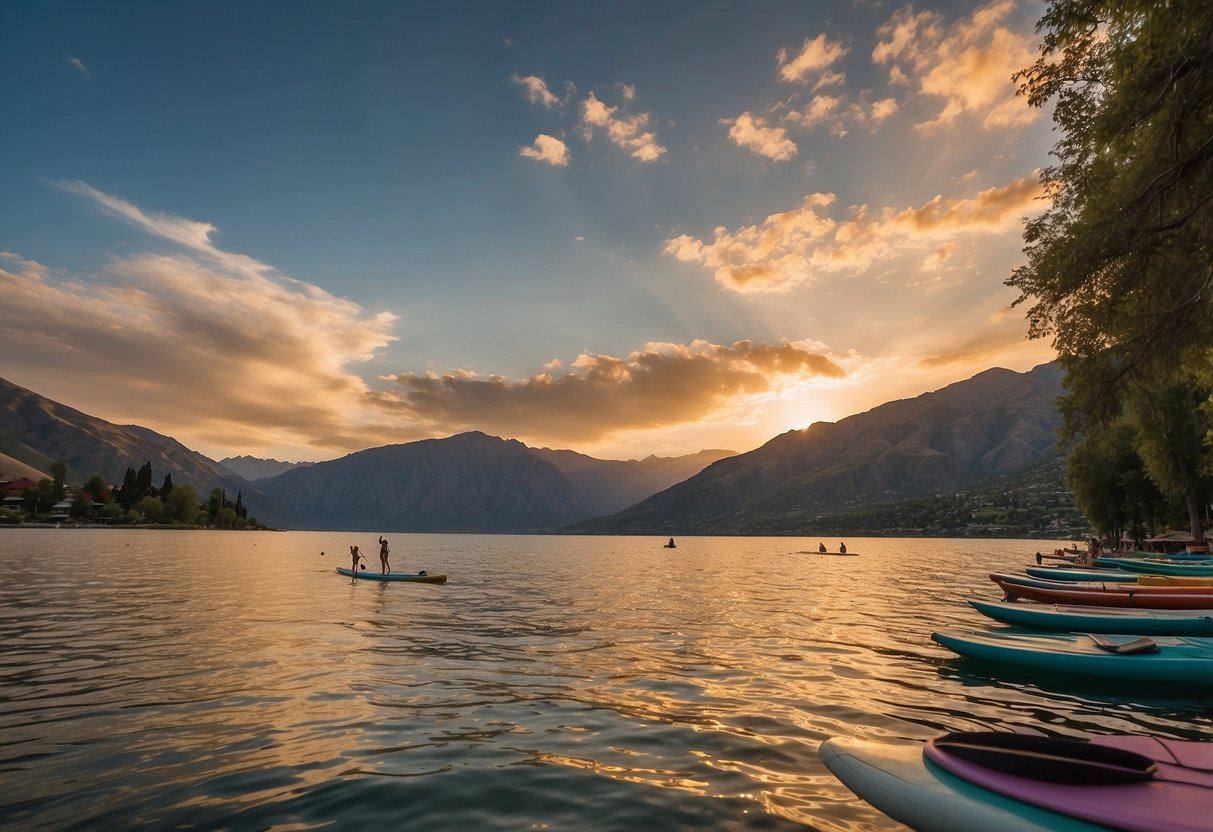 The sun sets over Lake Chelan, casting a warm glow on the calm waters. Paddleboarders glide across the lake, surrounded by lush green forests and towering mountains in the distance