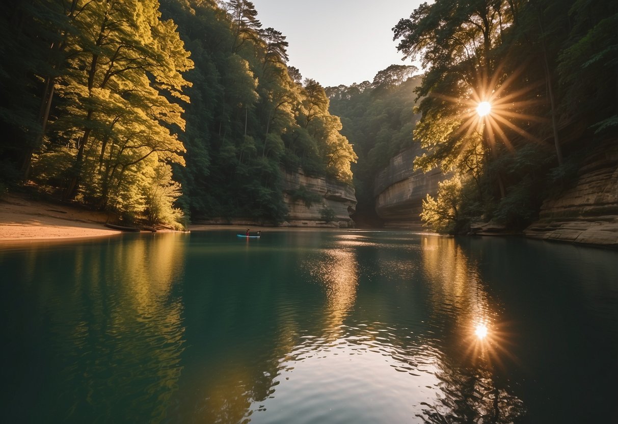 Sunset at Hocking Hills State Park, Ohio. Paddleboarders glide on calm waters, surrounded by lush greenery and towering rock formations