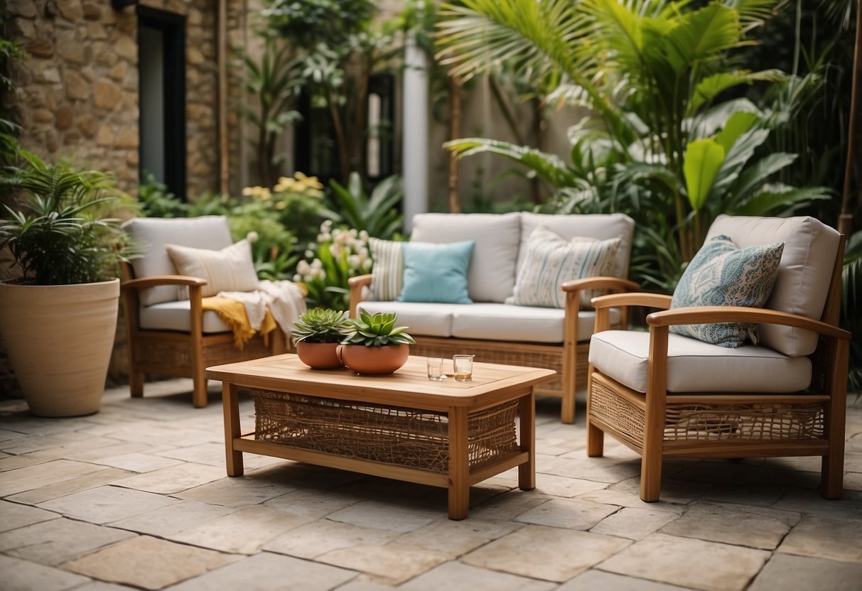 Teak and wicker outdoor furniture arranged on a stone patio, surrounded by lush greenery and colorful potted plants