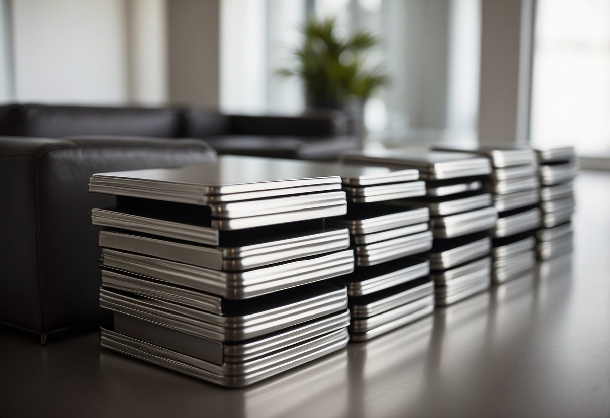 Stainless steel furniture legs arranged neatly on a white background, with a stack of FAQ cards nearby