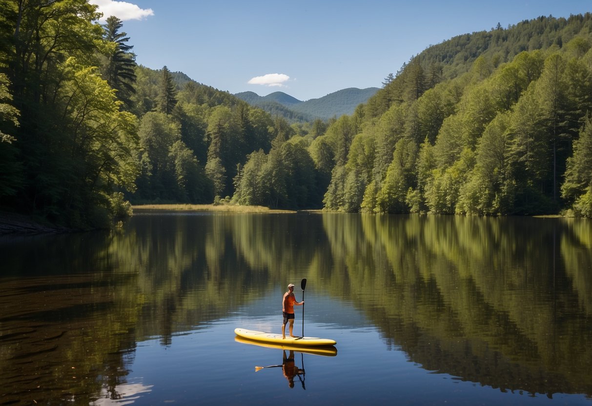 The tranquil Mirror Lake reflects the surrounding lush greenery. Paddleboarders glide across the calm waters, with the Adirondack Mountains providing a stunning backdrop