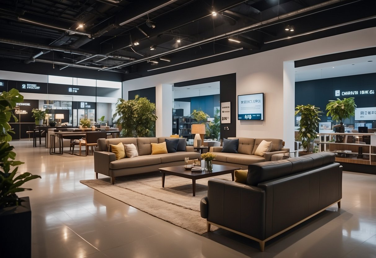 A spacious, well-lit showroom with modern furniture displays and signage for "Frequently Asked Questions" in Tampines