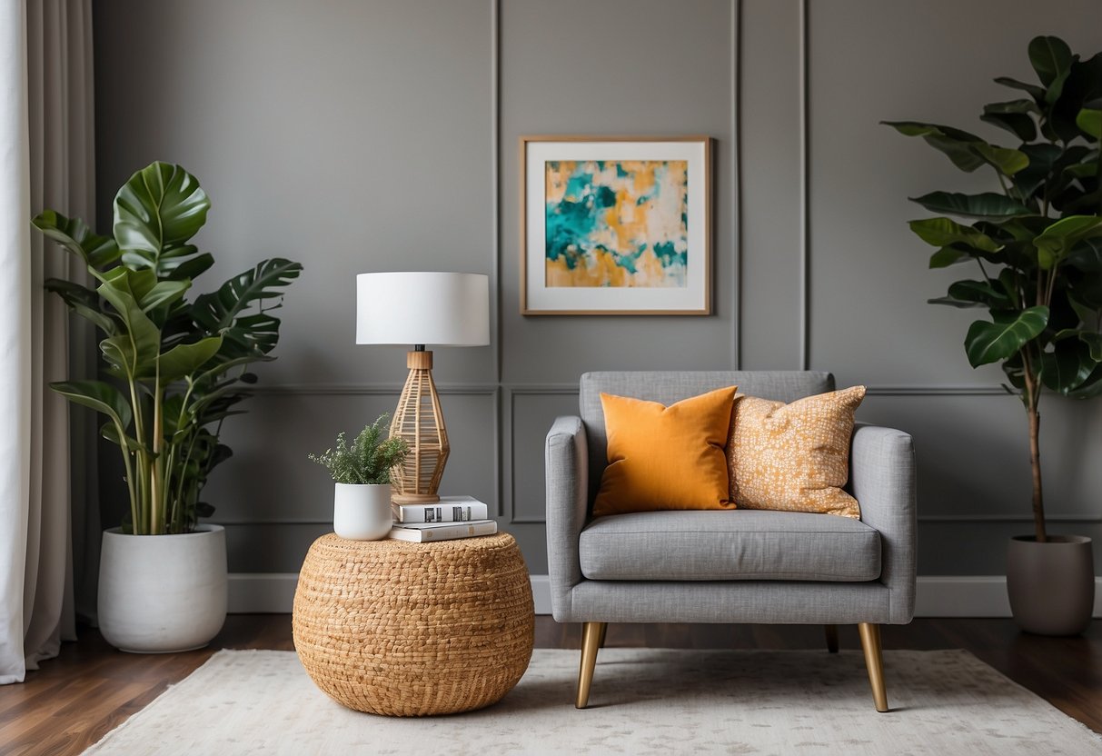 A modern living room with a vibrant accent chair and side table, adding a pop of color to the neutral space