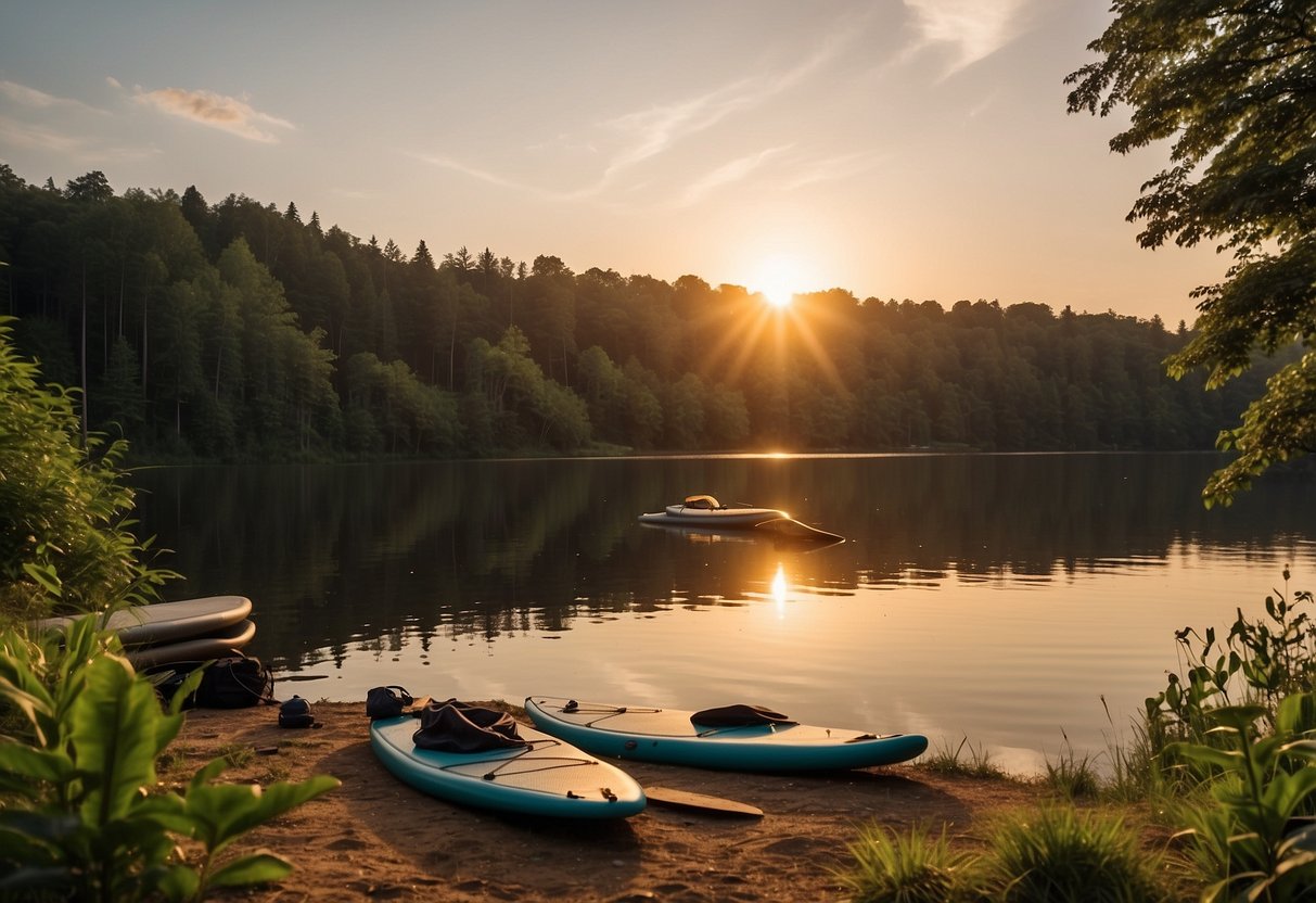 A serene lake surrounded by lush greenery, with paddleboards and camping gear set up on the shore. The sun is setting, casting a warm glow over the peaceful scene