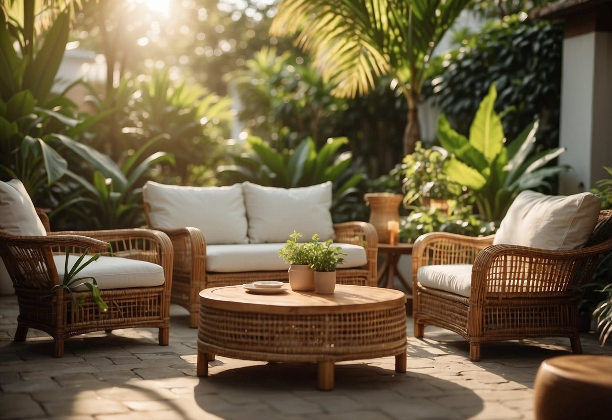 A cozy outdoor setting with teak and wicker furniture, surrounded by lush greenery and bathed in warm sunlight